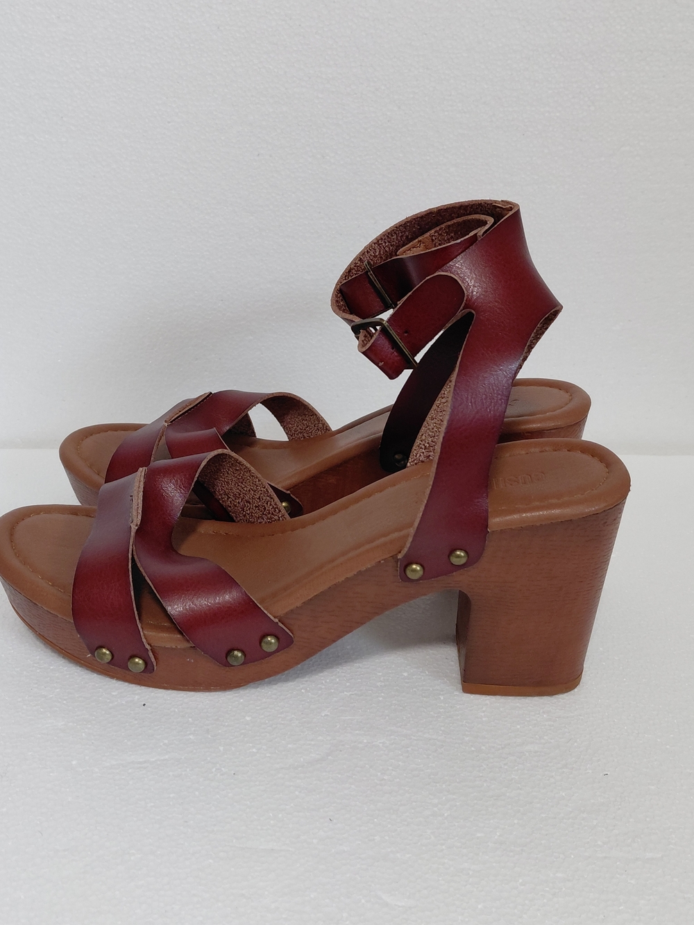 Women's Burgundy Leather Platform Sandals with Ankle Strap